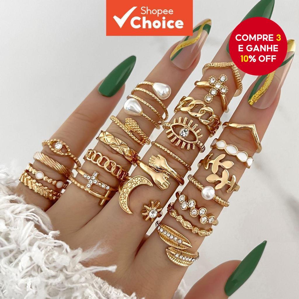 Novo Estilo Sun Moon Leaf Olhos de Diamante Ring Aberto Multi-Joint 23-Piece Set