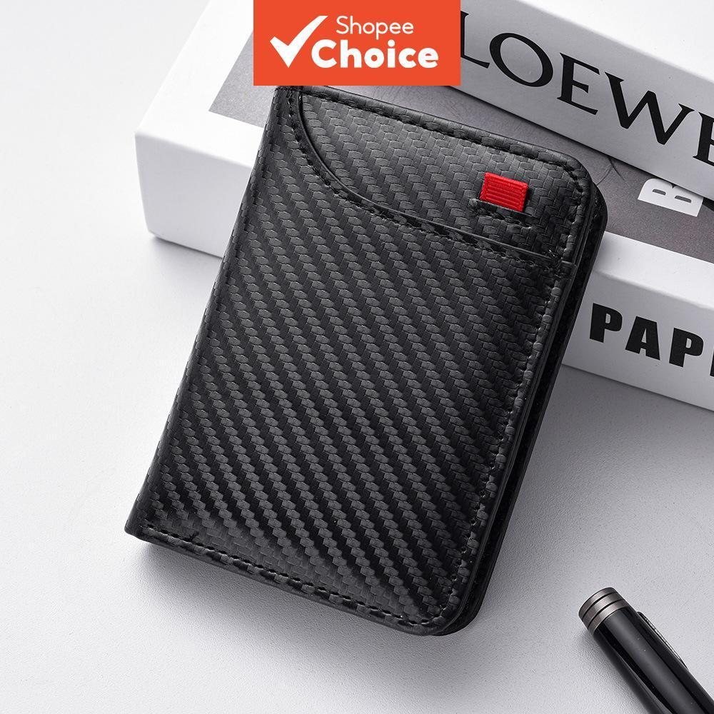 Carteira Masculina Com Padrão De Fibra De Carbono-Porta-Cartões De Couro Vertical Design De Vários Slots ​