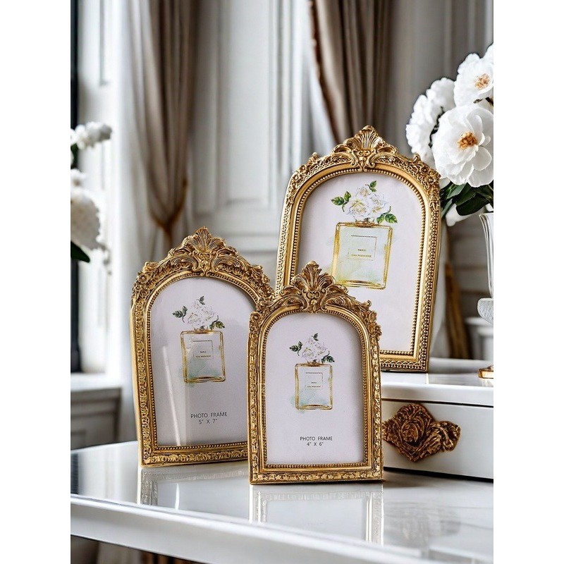 Europeu americano Retro moldura de foto mesa balanço arco forma clássico palácio resina em relevo moldura luz dourada or