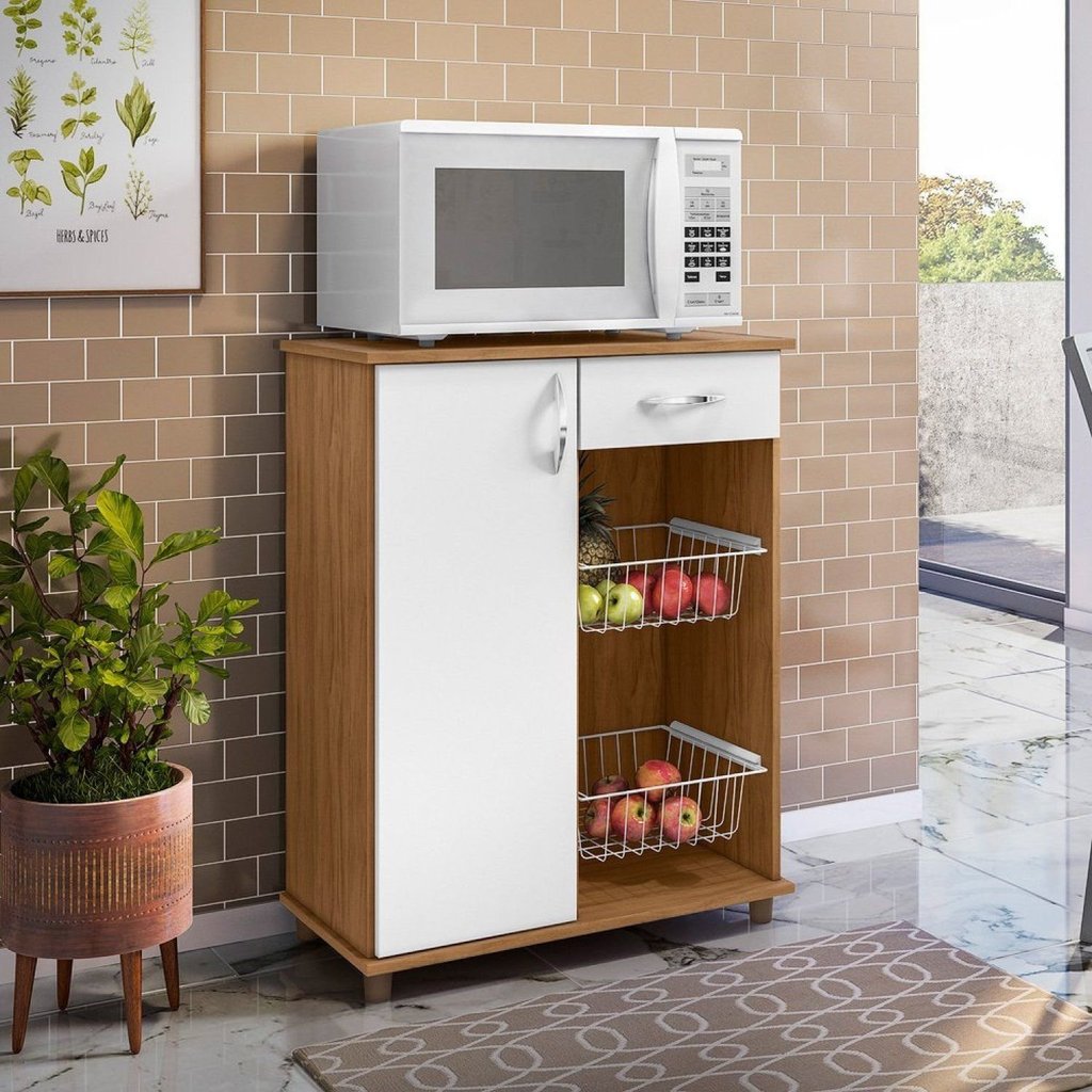 Fruteira Multiuso 1 Porta 1 Gaveta 2 Cestas Belize Laranja/Freijo Trend/Branco New
