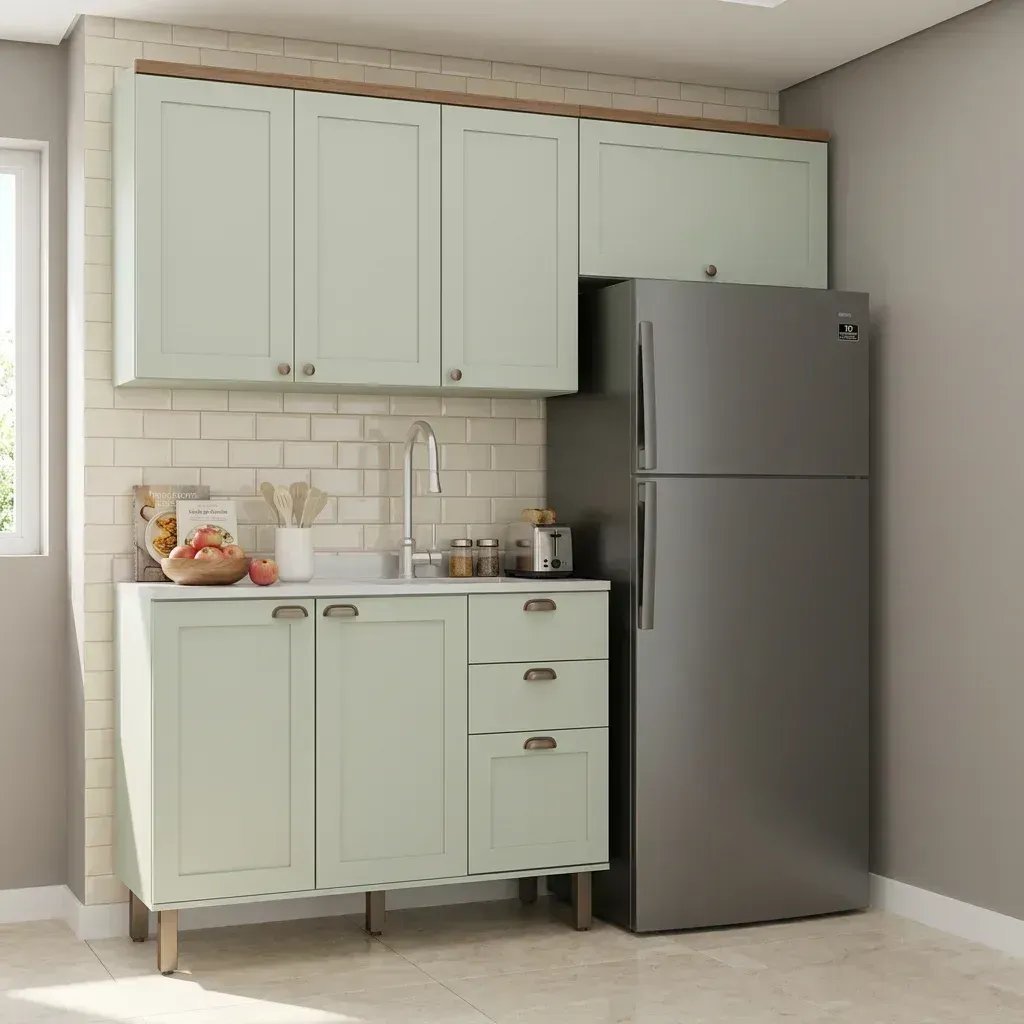Cozinha Compacta Modulada 3 Peças 100% MDF 2 Armários Aéreos e Balcão para Pia sem Tampo Iluminata Verde Mint Verde