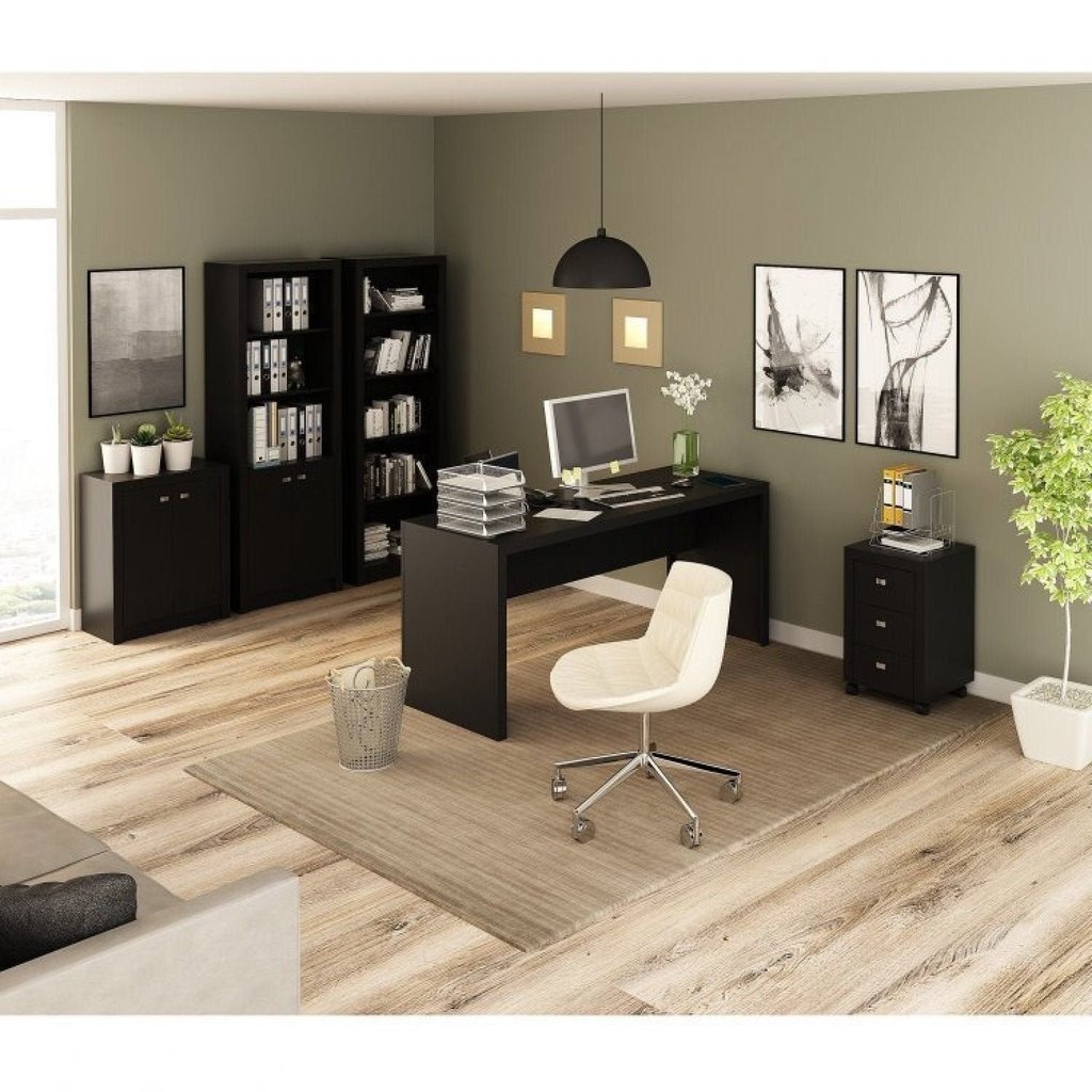 Conjunto 5 Peças com Mesa para Escritório, Armário Baixo, Alto, Estante e Gaveteiro Preto Preto