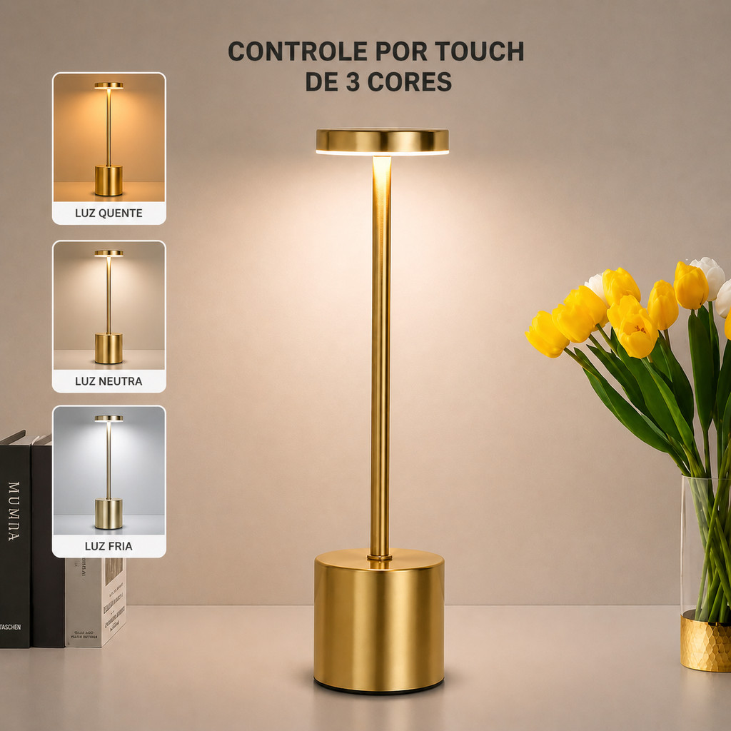 Luminária LED Dourada Touch Recarregável 3 Temperaturas de Luz Abajur Luxo Quarto