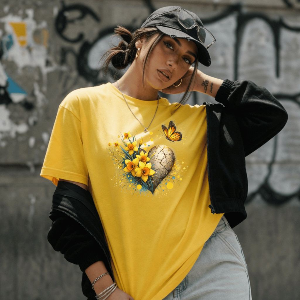 Camiseta Feminina Estampada Coração Flor Amarela 100% Algodão Premium Verão Manga Curta Academia Treino Casual Plus Size