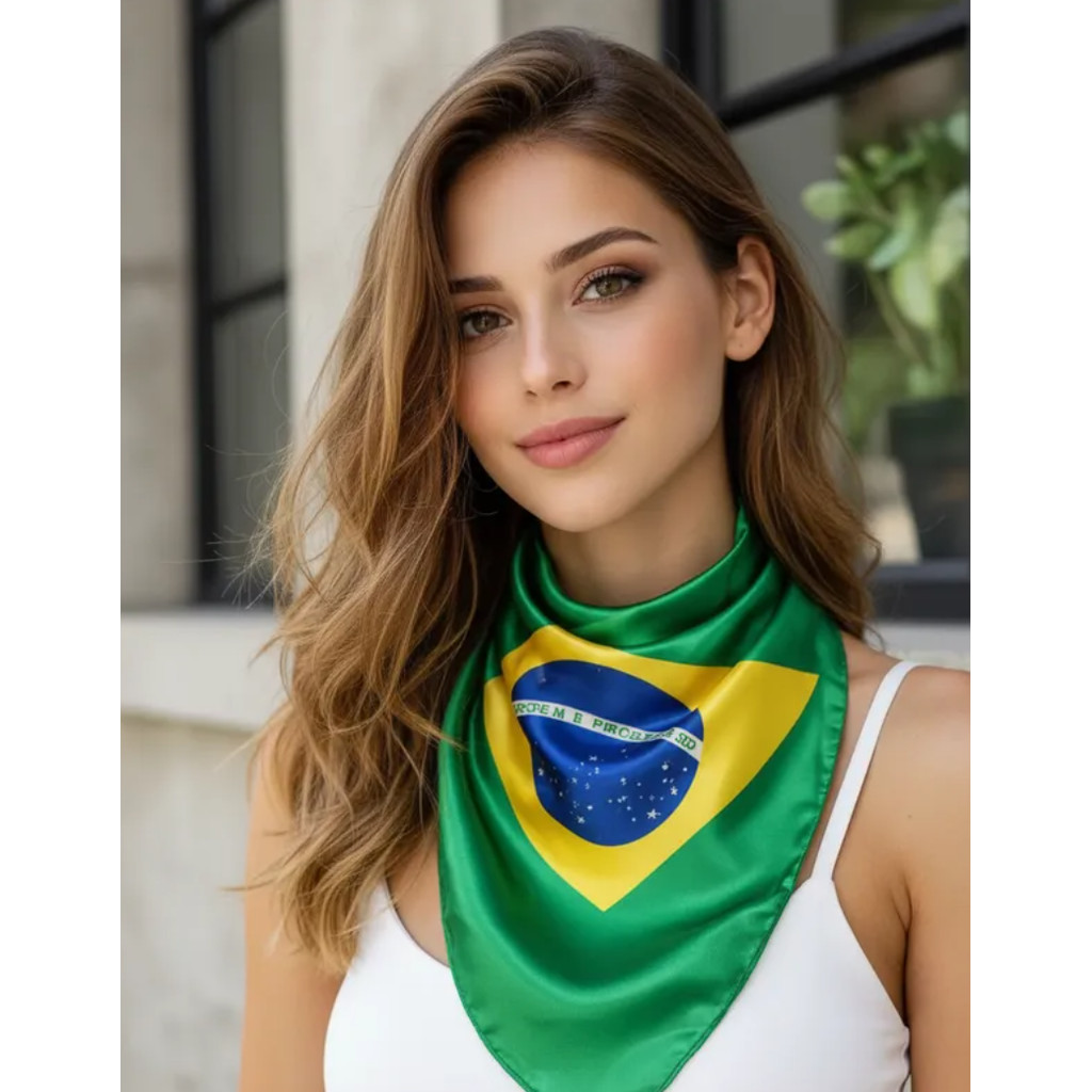 Lenço Feminino Multifuncional Estampa Bandeira do Brasil Cetim Toque Suave | 90x90cm | Look Tendência