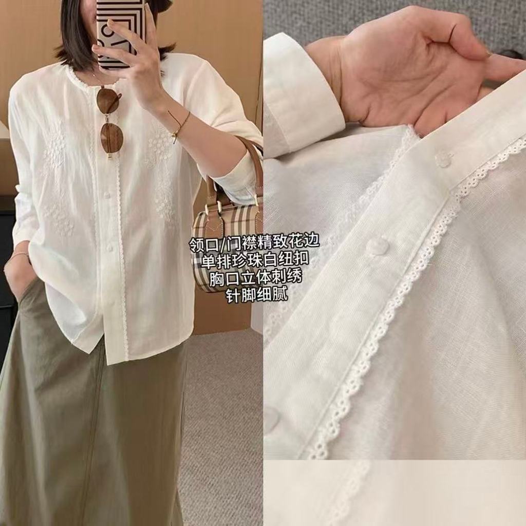 Camisa de luar branco ~ tecelagem personalizada camisa de linho Tencel de alta escala camisa de renda bordada tridimensi