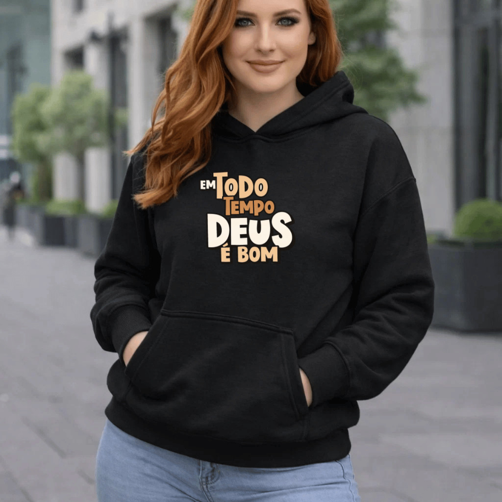 Moletom Feminino Canguru Cristão Estampado Deus É Bom Blusa De Frio Algodão Agasalho Flanelado Quentinho Confortavel