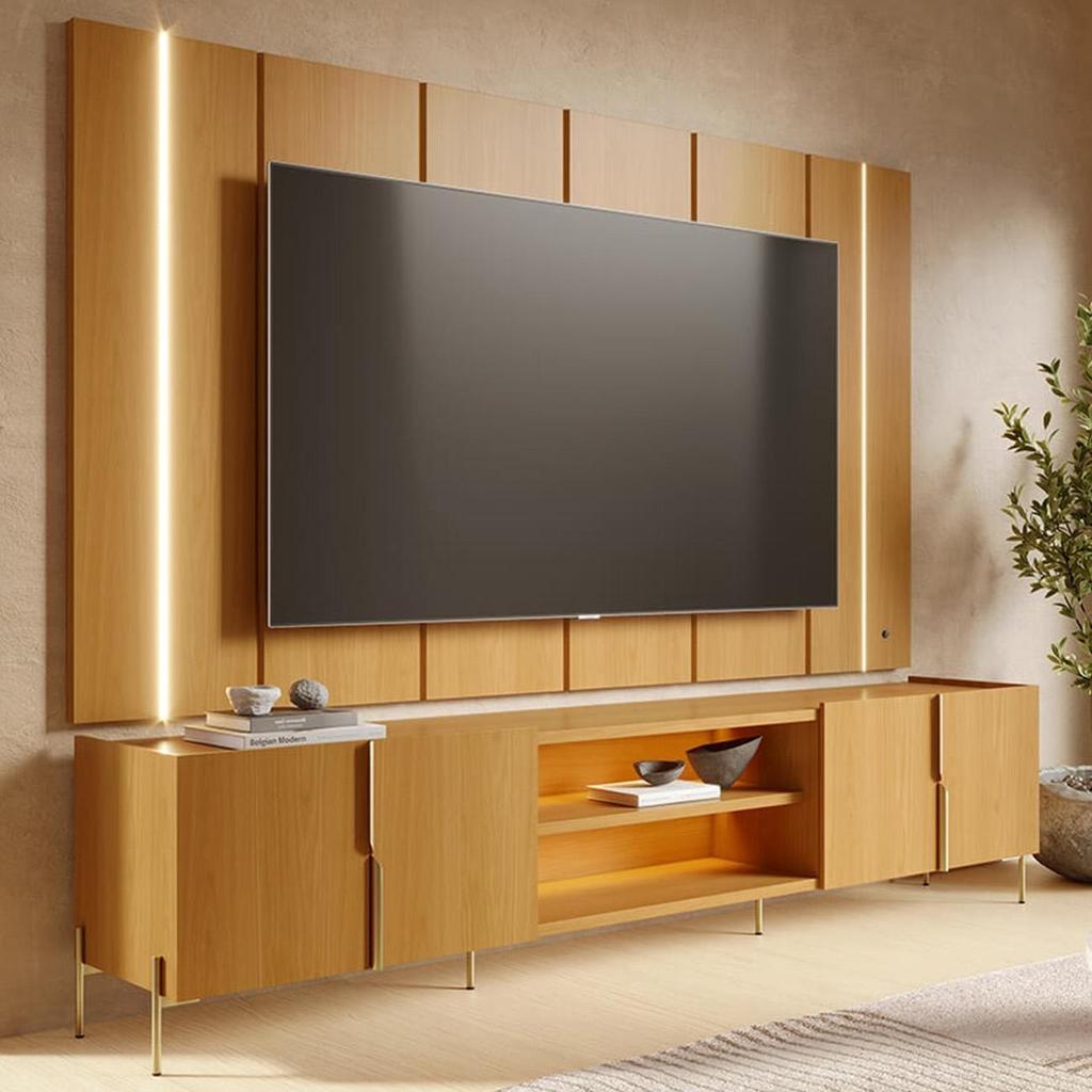 Painel Tv 75 Pol Led e Rack Sala Pé Metal Gior Naturale C05 - Mpozenato