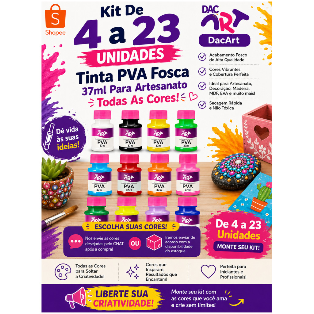 Kit 4 a 23 Unidades de Tinta PVA Fosca 37ml para Artesanato DacArt - Todas as Cores