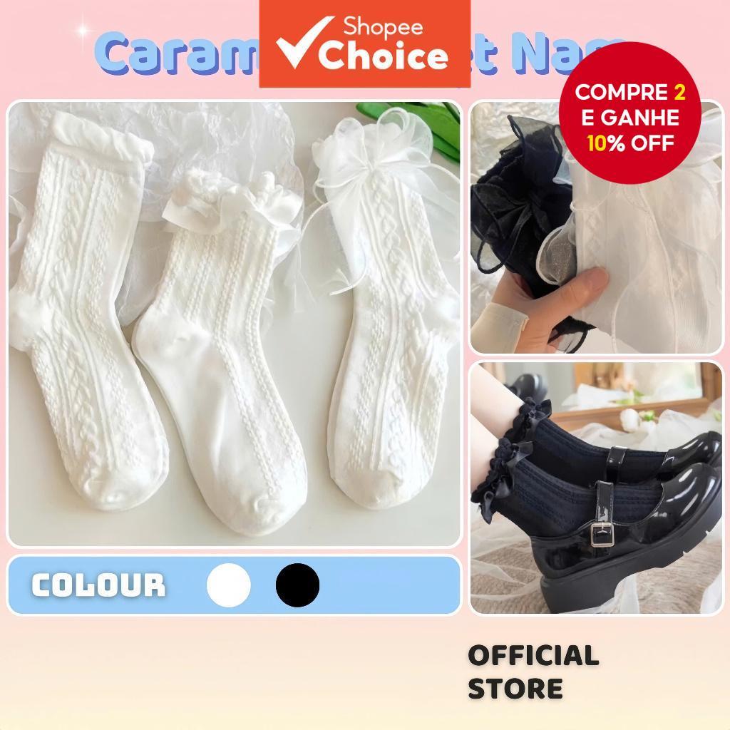 3 Pares De Meias Femininas Com Acabamento Em Renda – Lolita Detalhe De Laço Fofo , Respiráveis De Algodão Fino Para O Ve em Oferta na Shopee