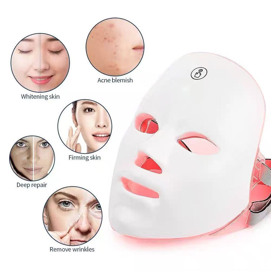 Máscara de Terapia LED, 7 Cores, para Tratamento Facial, Uso Doméstico e Viagem