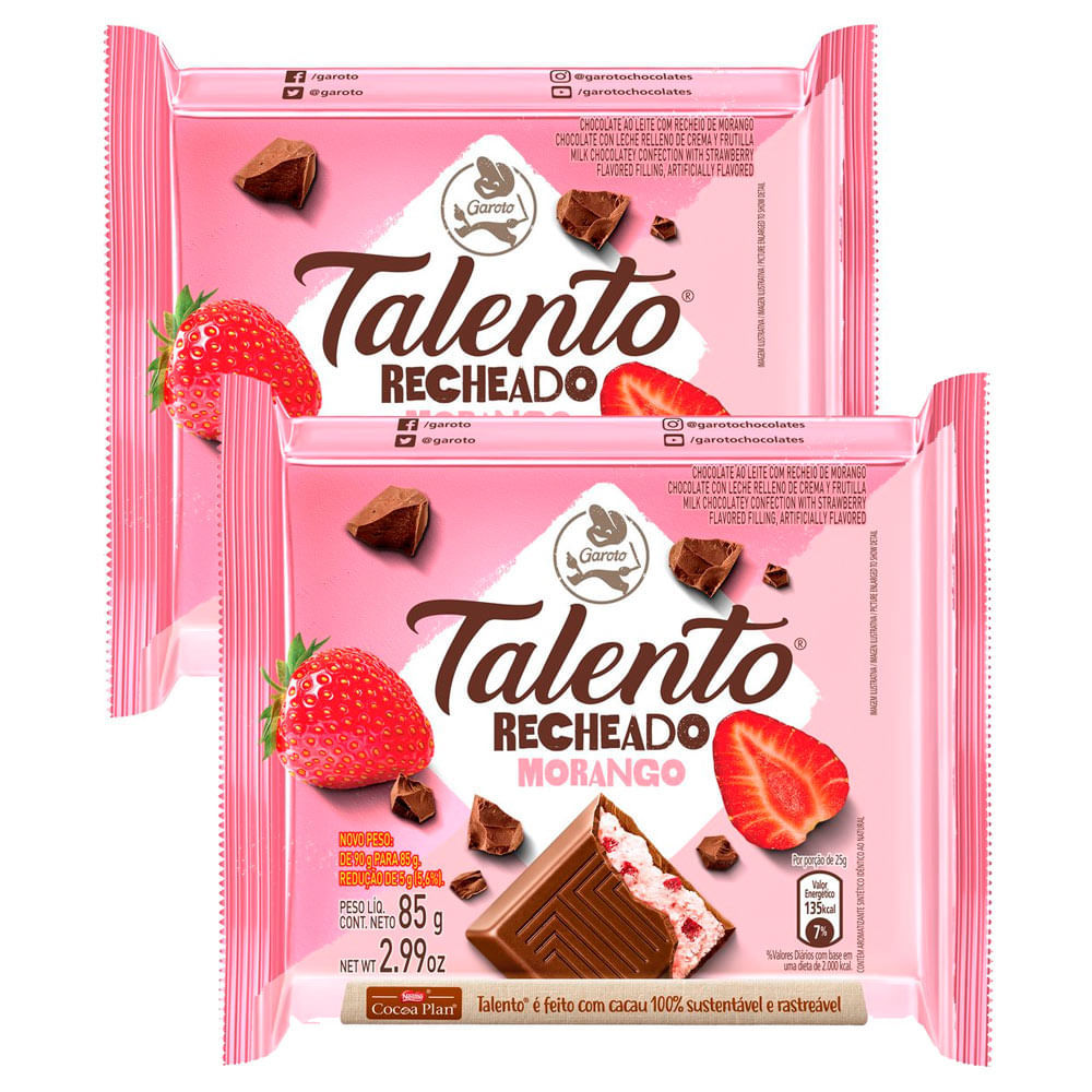 Kit 2 Chocolate Garoto Talento Recheado Morango 85g em Oferta na Shopee