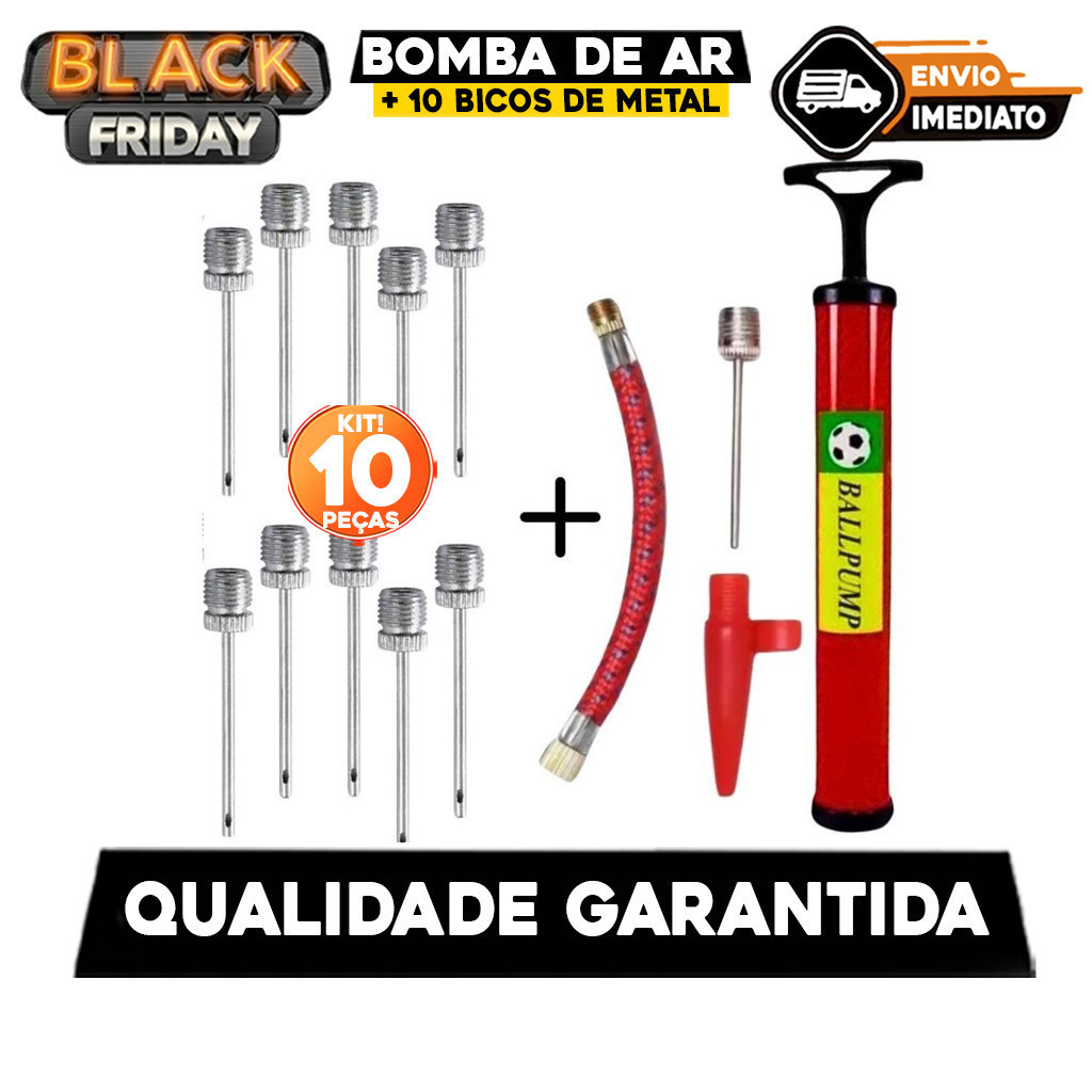 Bomba de Ar com Acessórios + 10 Bicos de Metal para Encher Bolas e Bico Encher Infláveis