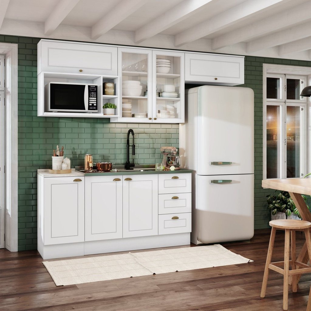 Cozinha Compacta Modulada 6 Peças com Aéreo para Micro-Ondas Emily Espresso Móveis Branco/HP/Calcare Branco