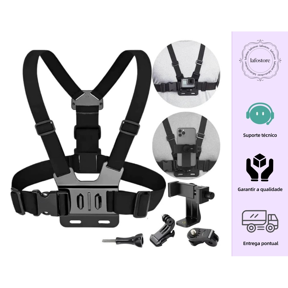 Suporte de peito ajustável para telefones celulares e câmeras GoPro de motocicleta e bicicleta