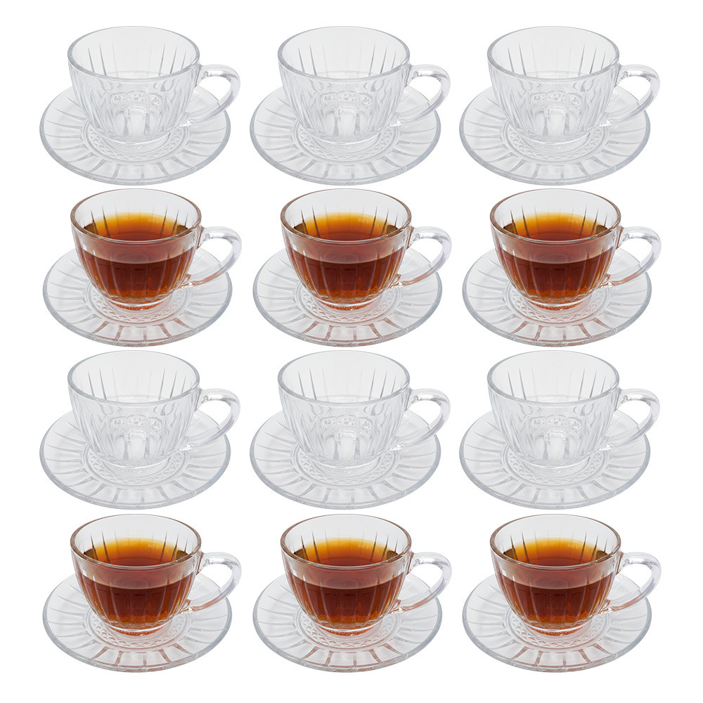Jogo 12 Xicara de Chá com Pires Vidro Victoria Transparente Café Cappuccino 200ml Haüskraft