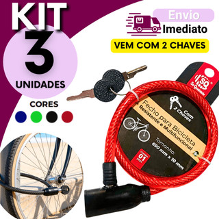 Cadeado Reforçado Cabo Aço 65cm Trava Bike Portão Ferramentas  KIT com 3, 2 ou 1 Unidade com 2 Chaves Reforçado