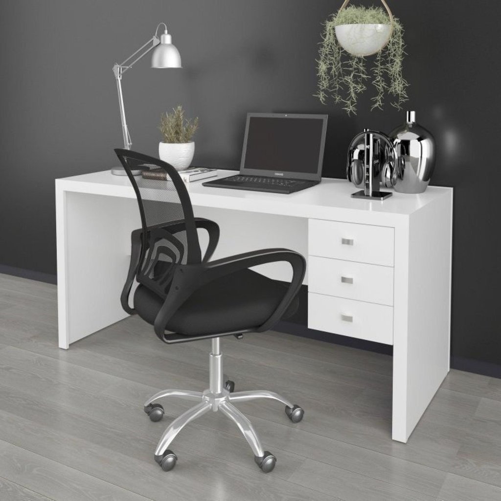 Conjunto 2 Peças com Escrivaninha 3 Gavetas com Cadeira de Escritório Diretor Tela Mesh Branco Branco