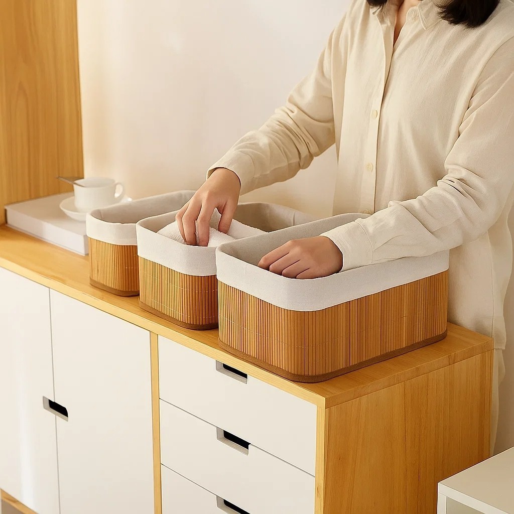 Conjunto Cestos Organizadores Bambu Natural Multiuso Resistente Decoração Escritório