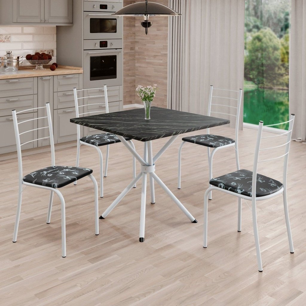 Conjunto Sala de Jantar Mesa Quadrada 75x75cm Tampo Ardósia Indiana 4 Cadeiras Rio Preto Floral/Branco