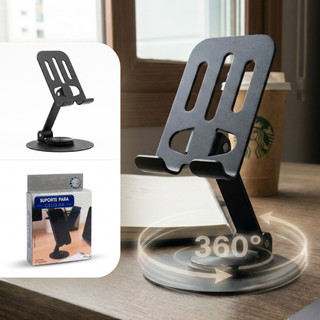 Suporte Celular de Mesa Articulado Flexivel Metal Base Giratória Preto Premium