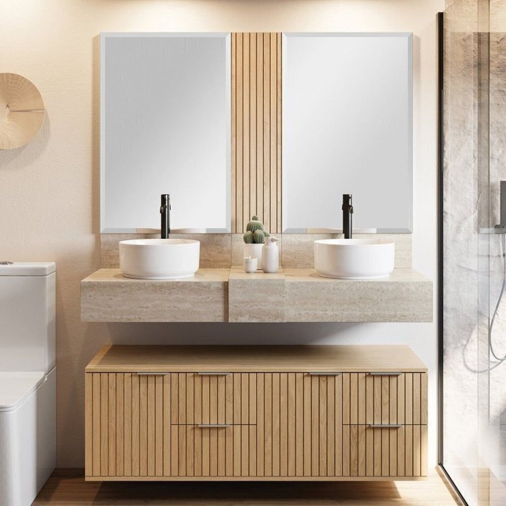 Conjunto para Banheiro Bancada em Porcelanato para Cuba de Apoio, Armário e Espelho Ripy 120cm Wood/Travertino
