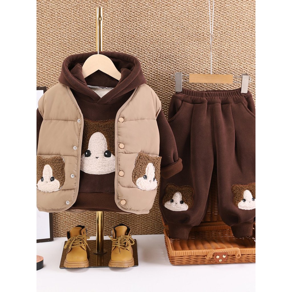 Roupas de bebê inverno novo estilo versão coreana crianças forro de lã colete quente moletom conjunto de três peças 1 an