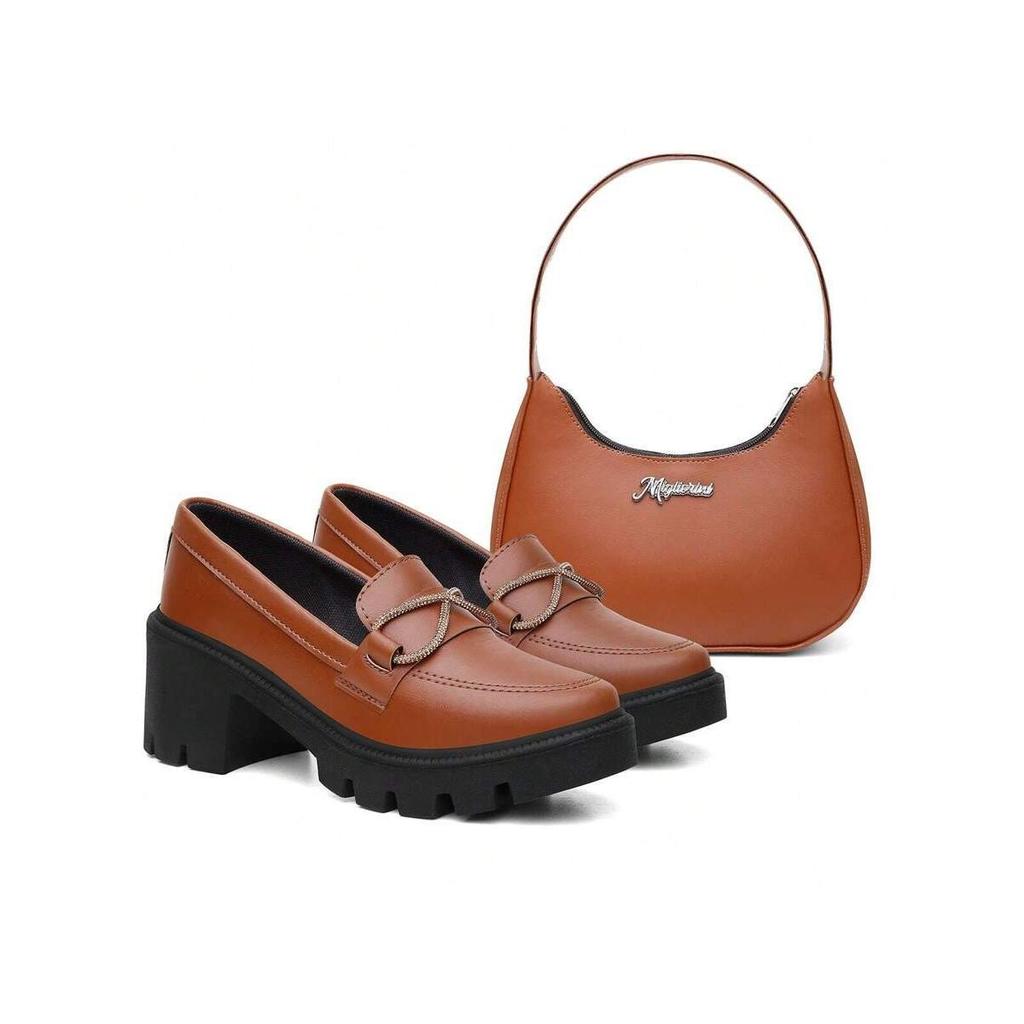 Mocassim Salto Tratorado Brilho Estilo Oxford Diversas Cores Caramelo Preto Creme Numeração Especial 34 Ao 44 Com Bolsa 