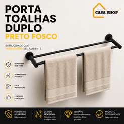 Porta Toalha Duplo Preto Fosco Luxo Para Banheiro em Metal Premium