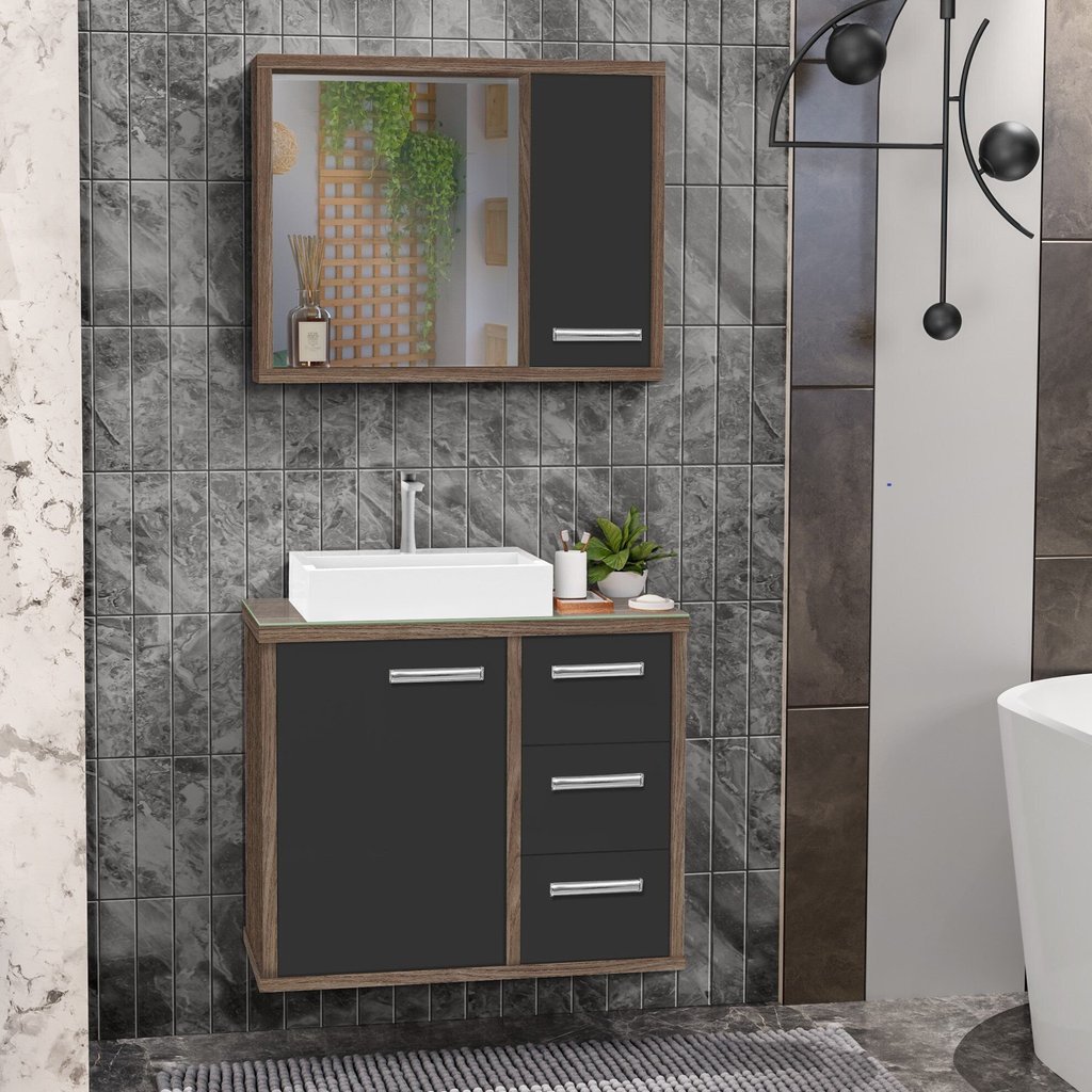 Gabinete para Banheiro com Tampo de Vidro Cuba de Sobrepor e Espelheira 60cm Turin Avelato/Preto