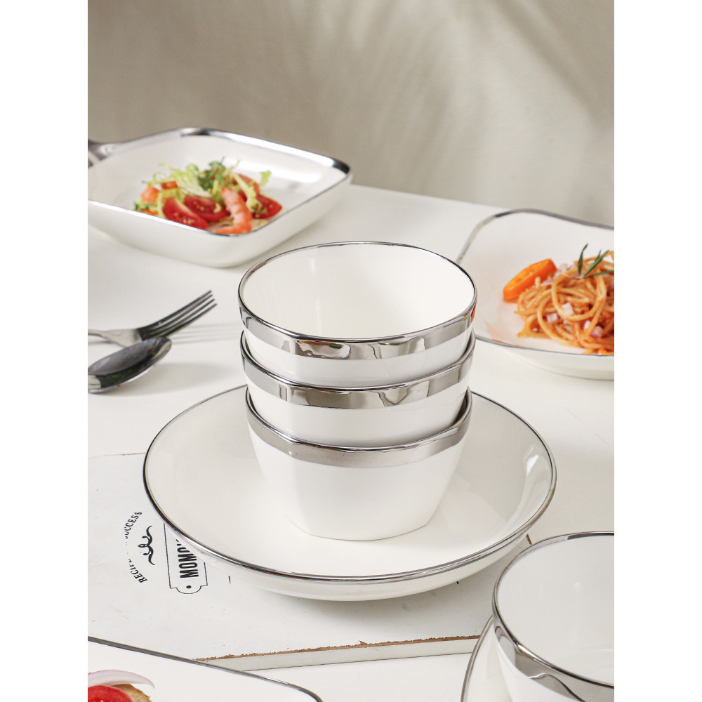 Criativo casa High-End borda de prata cerâmica utensílios de mesa tigela de arroz prato profundo porcelana luz presentes