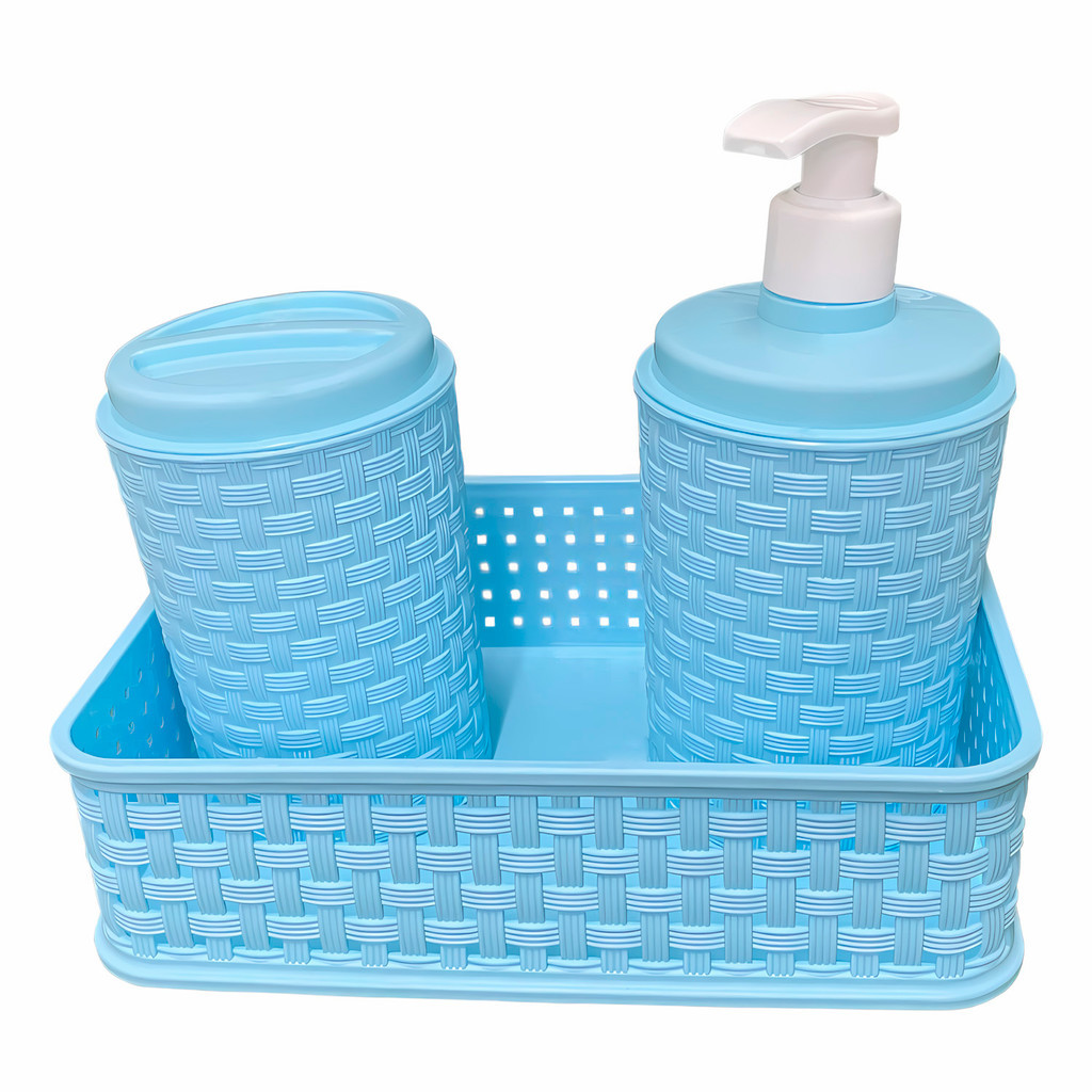 Kit Banheiro Infantil Menino 3 em 1 Azul Linha Mãe e Bebê Com Cesto e Dispenser Sabonete