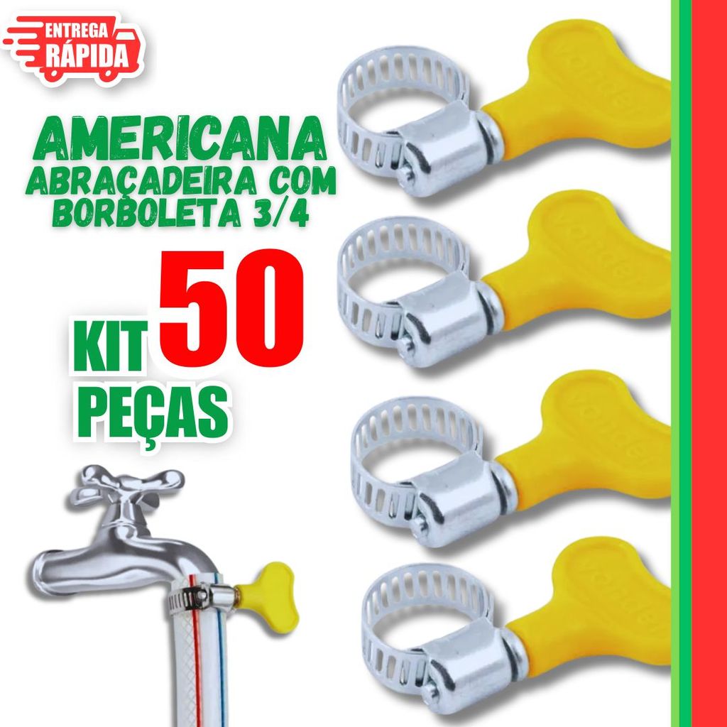 Kit 50 Un. de Abraçadeira Americana Inox Vazado E com Parafuso com Borboleta 13-19mm Utilidades Mangueira
