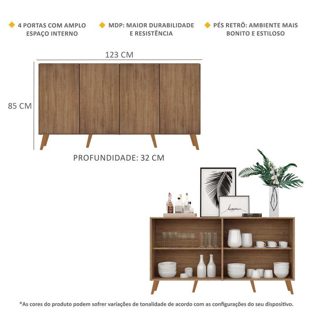 Aparador Buffet 4 Portas c/ Pés Retrô Veneza Multimóveis Rustic/Natural — imagem 2 de 2