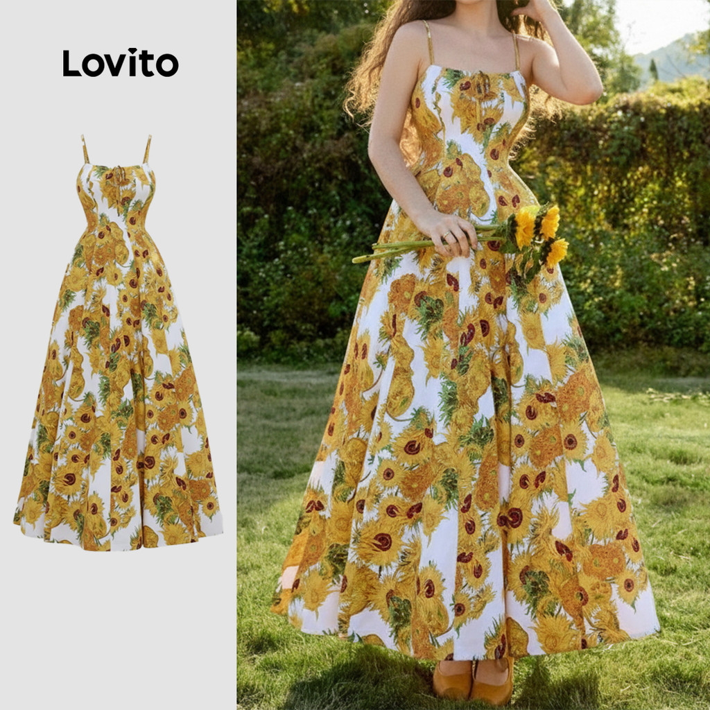 Lovito Vestido Boho Alcinha Vincent Van Gogh Girassóis Primavera/Verão para Mulheres LFI1ED007 em Oferta na Shopee