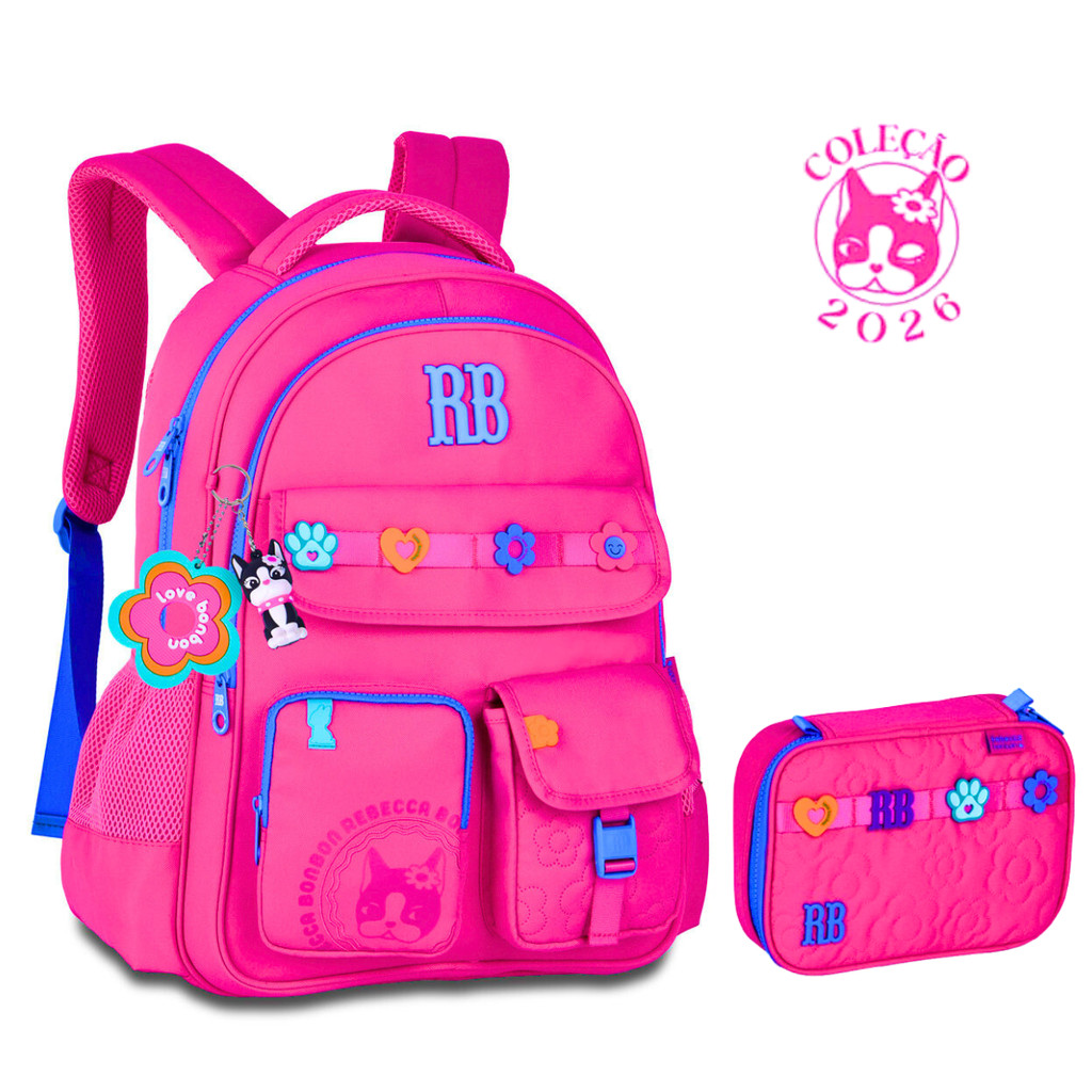 Kit Mochila de Costas Com Estojo Rebecca Bonbon Flower-Clio Style Cor:Rosa