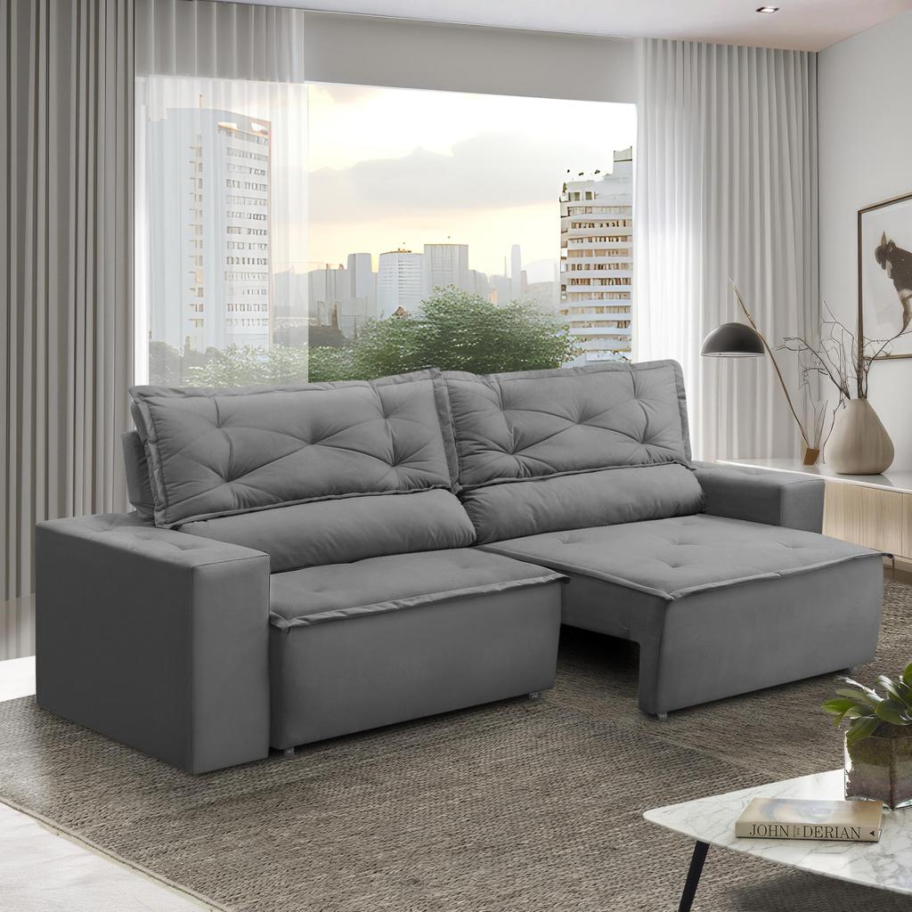 Sofá Retrátil e Reclinável 3 lugares com Molas 2,00m Livia Suede Cinza Adonai Estofados em Oferta na Shopee