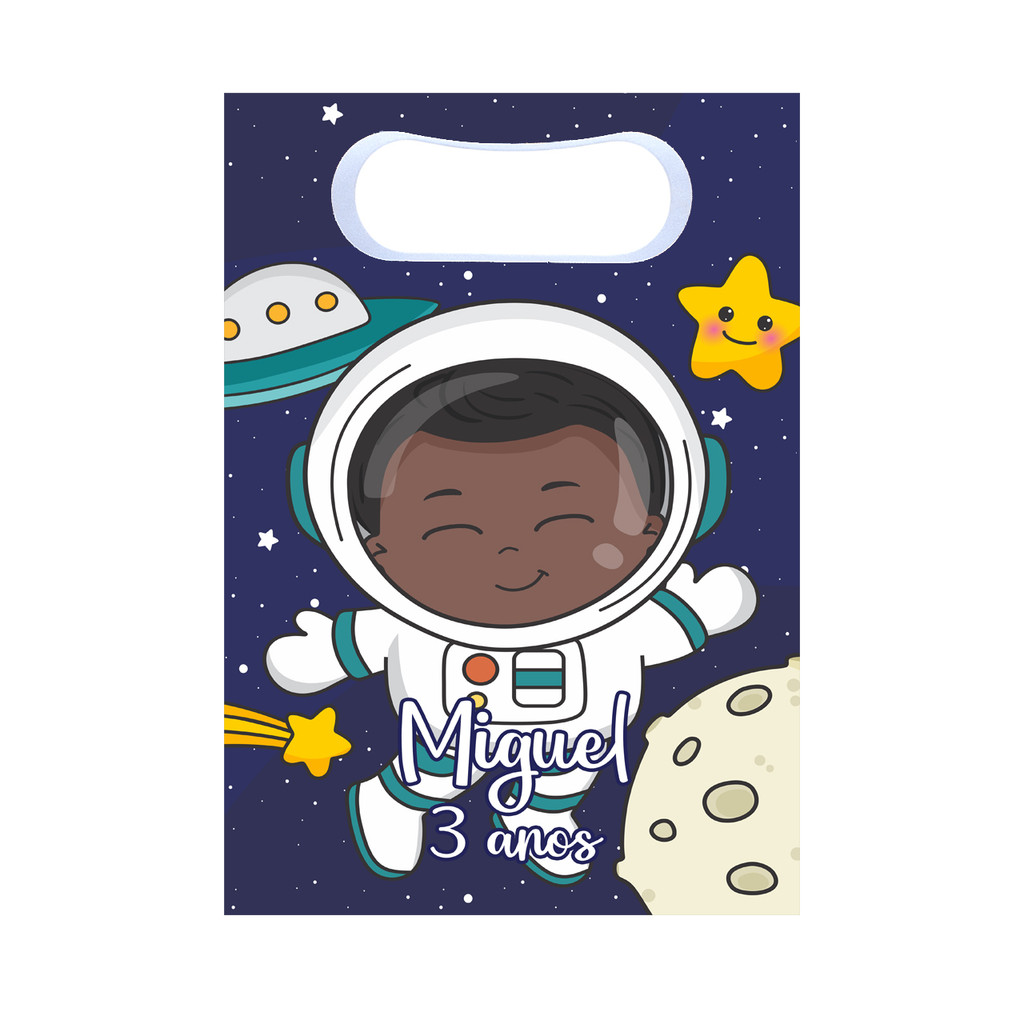 Sacolinhas Surpresa Astronauta Personalizada Lembrancinha para festa com nome e idade planeta lua terra