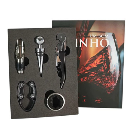 Kit de Vinho Livro Abridor Saca Rolhas Tampa Dosador  05 Peças Luxo