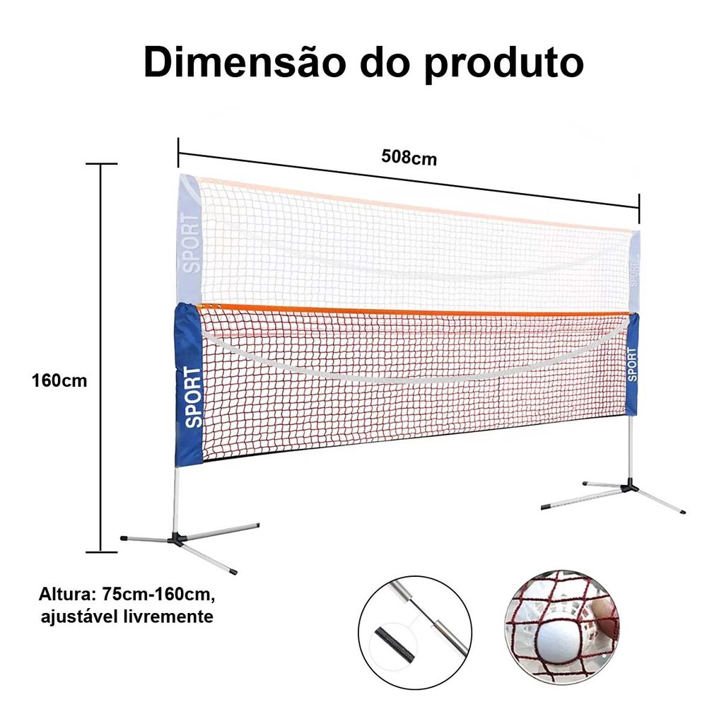 Detalhes do Conjunto de rede de Badminton portátil de 5m, Universal para adultos e crianças, altura ajustável, uso interno e externo