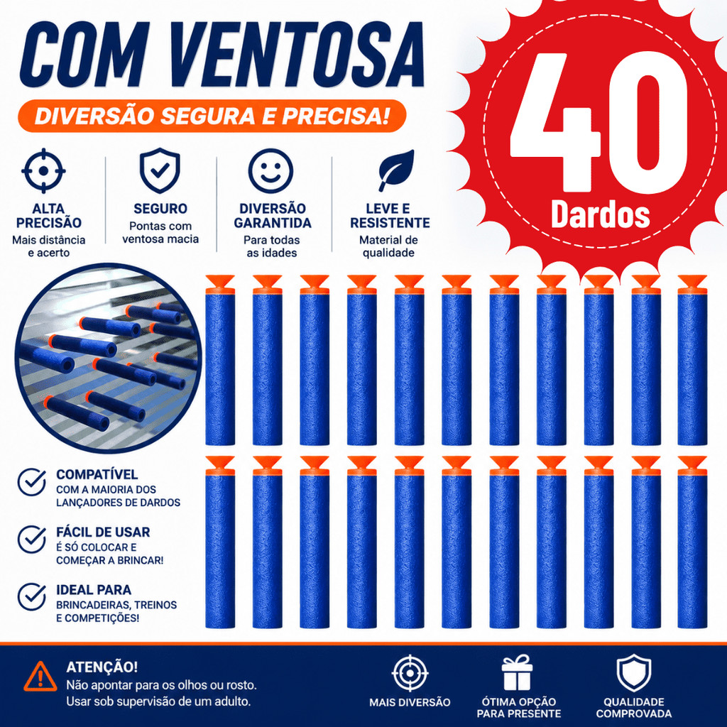 Kit 40 Refil de Dardos Com Ventosa Espuma Munição Recarga Refil Gruda Cola Vidro Nerf Balas Lançador