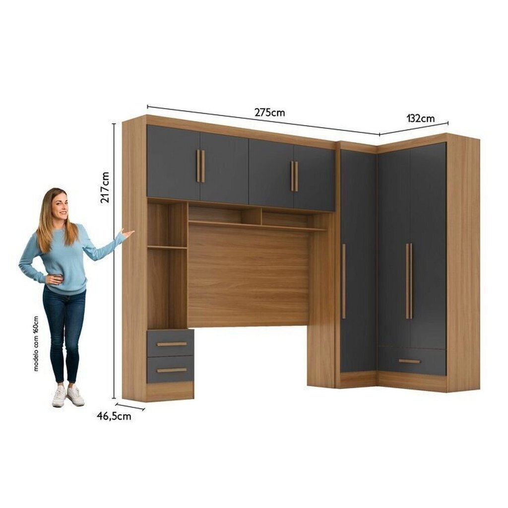 Guarda-Roupa Modulado 3 Peças 3 Portas 3 Gavetas com Maleiro Smart Plus Yescasa Marrom Cinamomo/Chumbo
