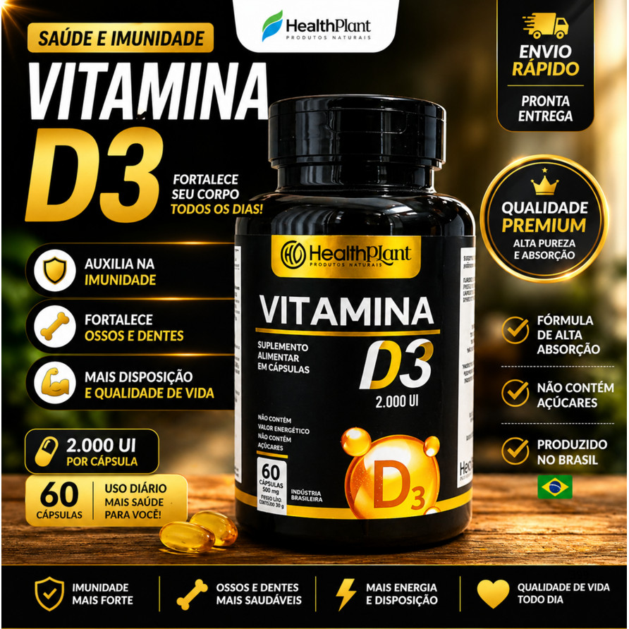 Vitamina D3 Original Caps Auxilia Saúde Óssea Absorção Cálcio Sistema imunológico Suplemento