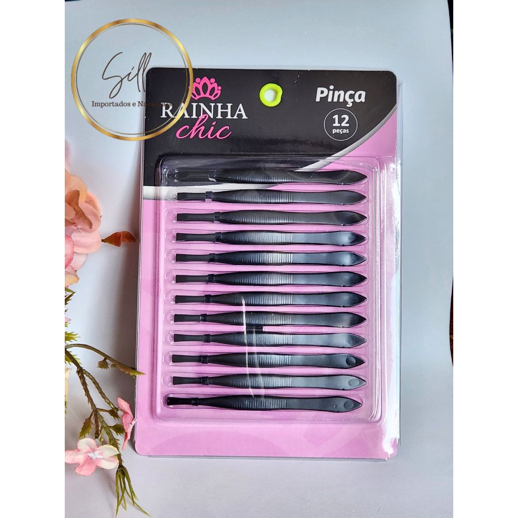 Cartela de Pinças Preta com 12 unidades de Aço Para Designer de Sobrancelha Maquiagem - Rainha Chic