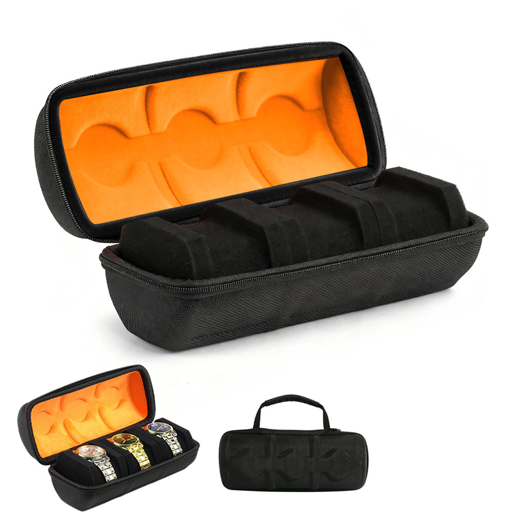 Estojo para Relógio EVA 3 Posições Preto e Laranja – Portátil, Antichoque, Capa Rígida para Viagem,