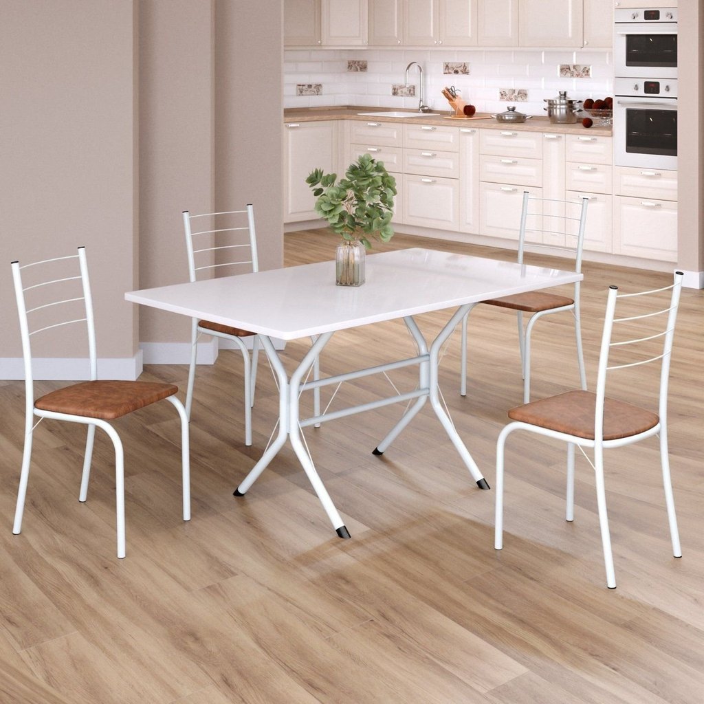 Conjunto Sala de Jantar Mesa Retangular 120x75cm Tampo Madeira MDP White 4 Cadeiras Rio Branco/C. Marrom Marrom/Branco