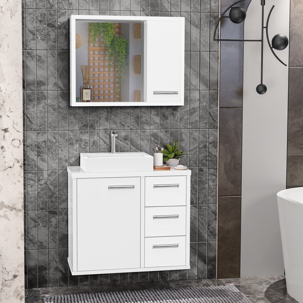 Gabinete para Banheiro com Cuba de Sobrepor e Espelheira 60cm Turin Branco