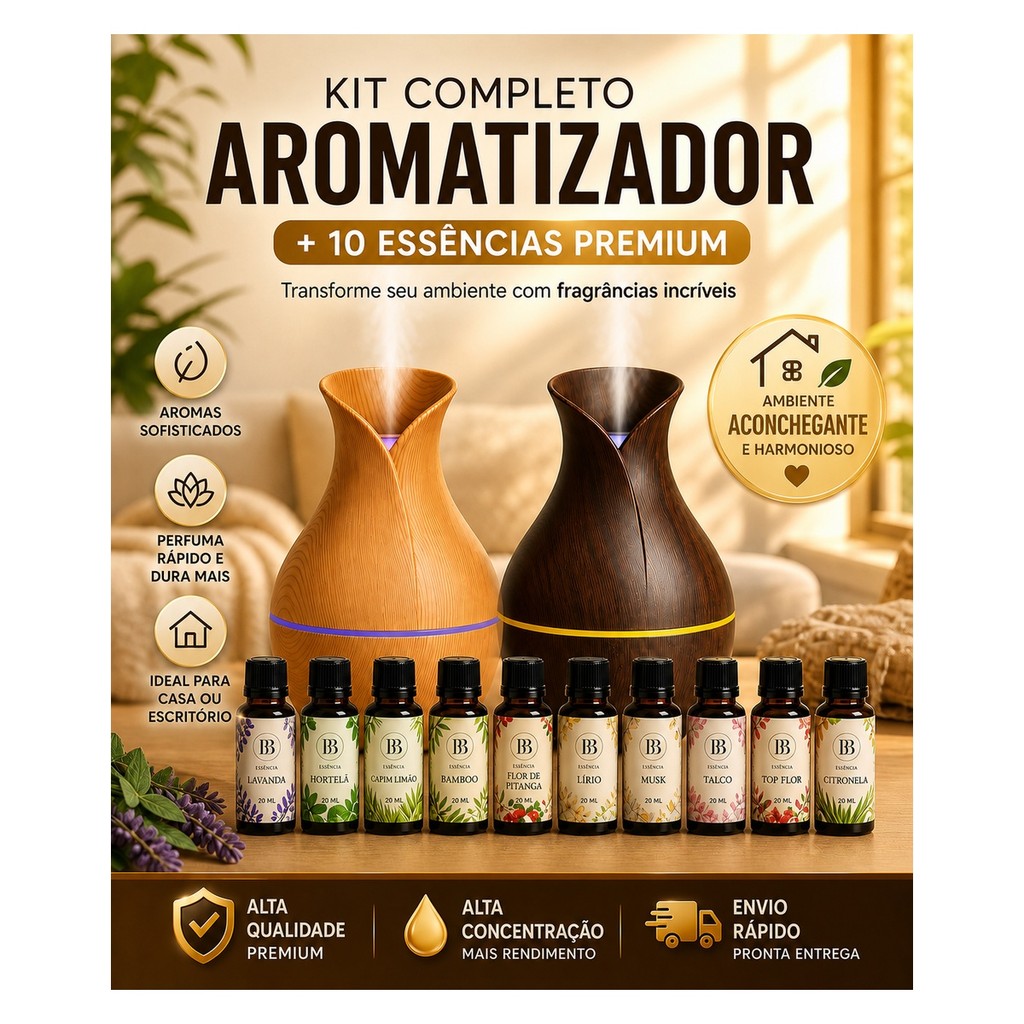 Difusor Aromatizador Umidificador LED Vaso + 10 Essências Premium