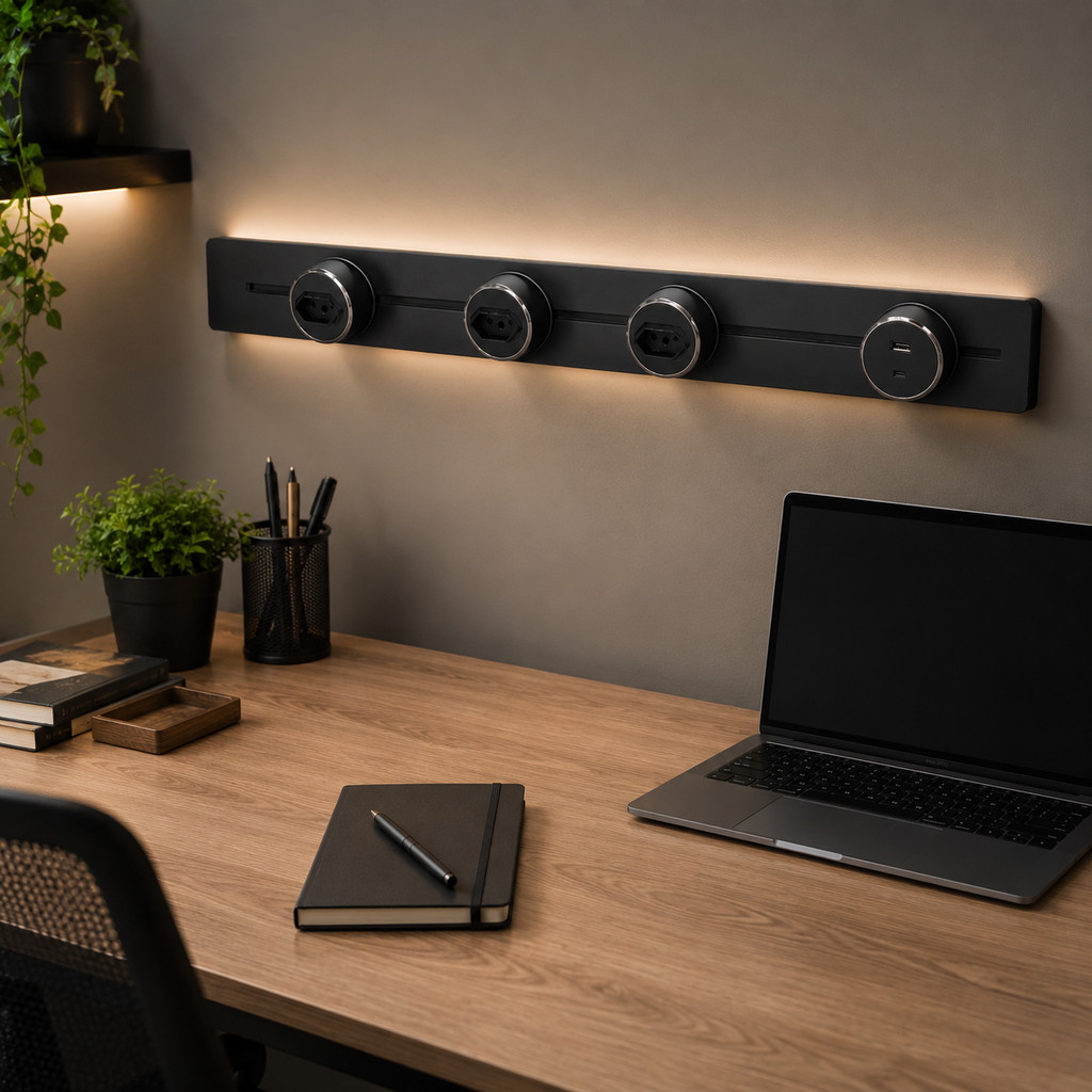 Régua de Energia Trilho 2/3 Tomadas USB Tipo C 50/80cm Fácil Instalação Residencial