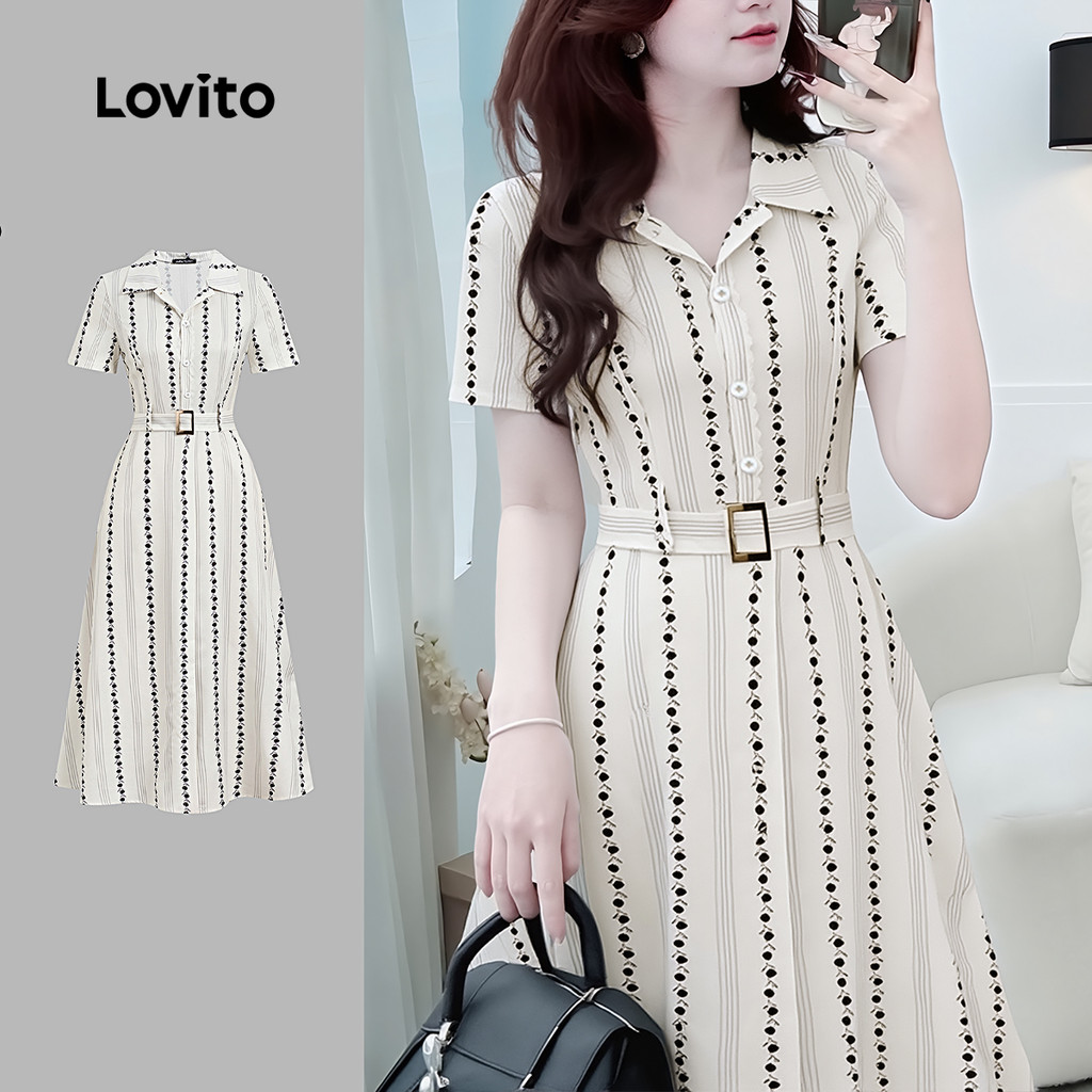 Lovito Elegante Vestido com Cinto Botões Na Frente para Primavera/verão Cor Caqui para Mulheres L171ED992